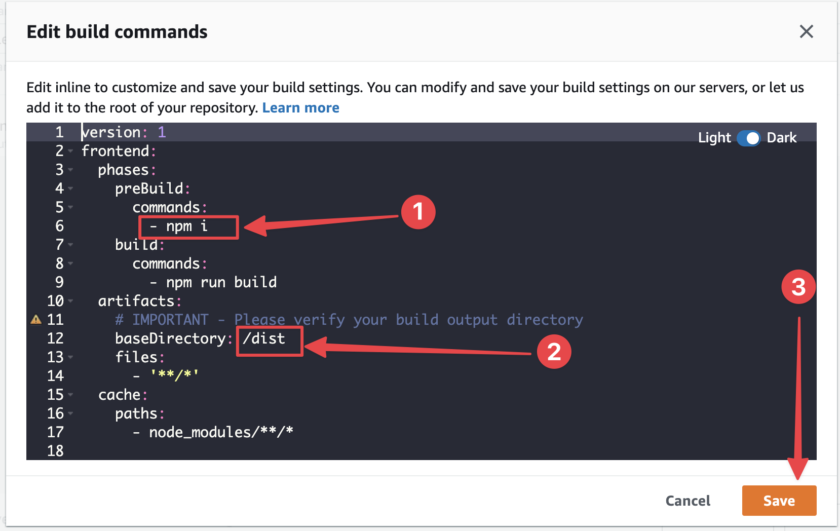 AWS Amplify Edit Build Commands Screenshot