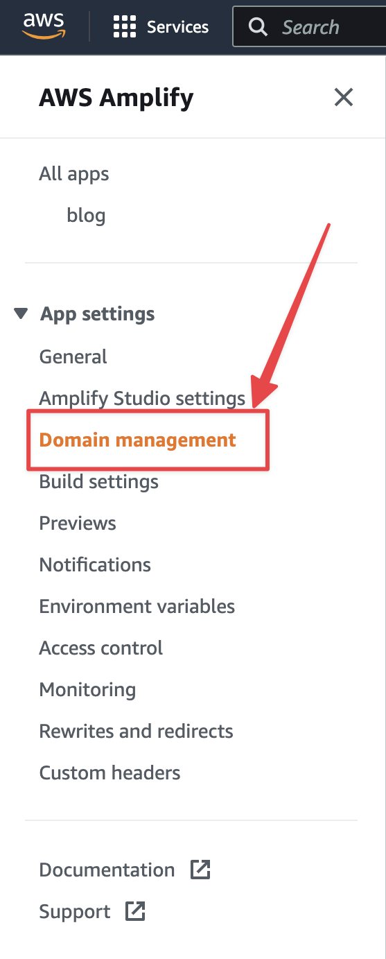 AWS Amplify Domain Management Location in the GUI