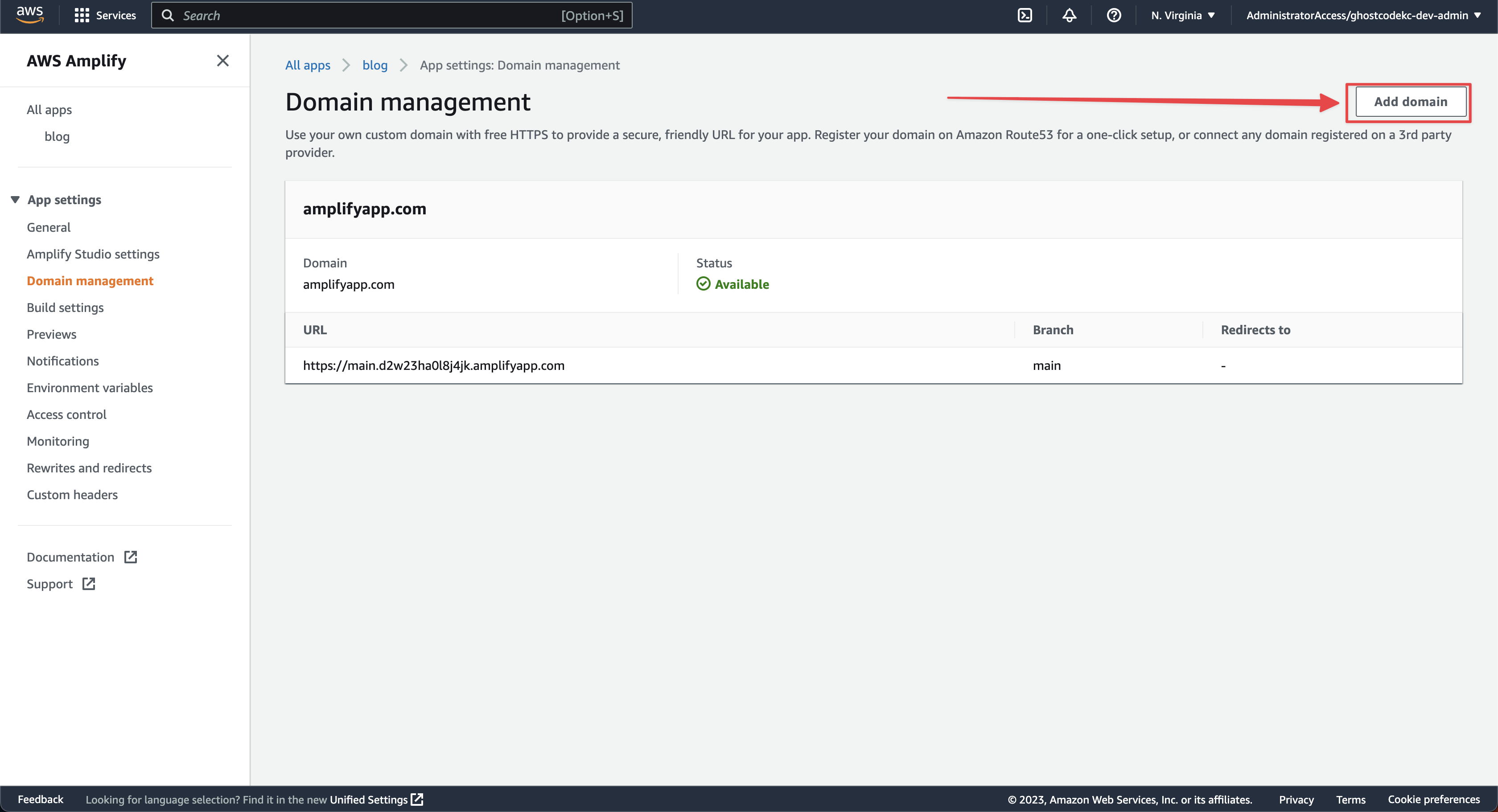 AWS Amplify Domain Management Add Domain